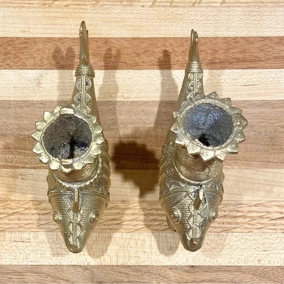 Candle Stand / Holder - Brass Dhokra Fish Shape - Vintage - Handmade Set of 2 - Picture 6 of 9